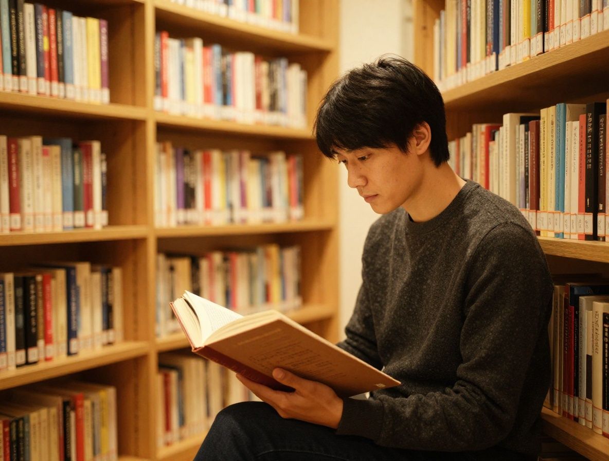 Person sitzt ruhig in einer hellen modernen Bibliothek und liest konzentriert ein Buch, warmes Tageslicht fällt durch grosse Holzfenster auf Bücherregale, symbolisiert Wissen und tiefes Lernen