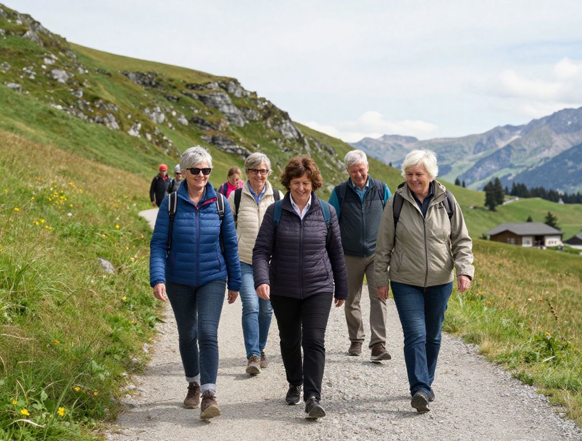 Gruppe von Menschen verschiedenen Alters wandert gemeinsam auf einem sonnigen Schweizer Bergpfad, umgeben von grünen Wiesen und klarem Himmel, strahlende natürliche Lebensfreude