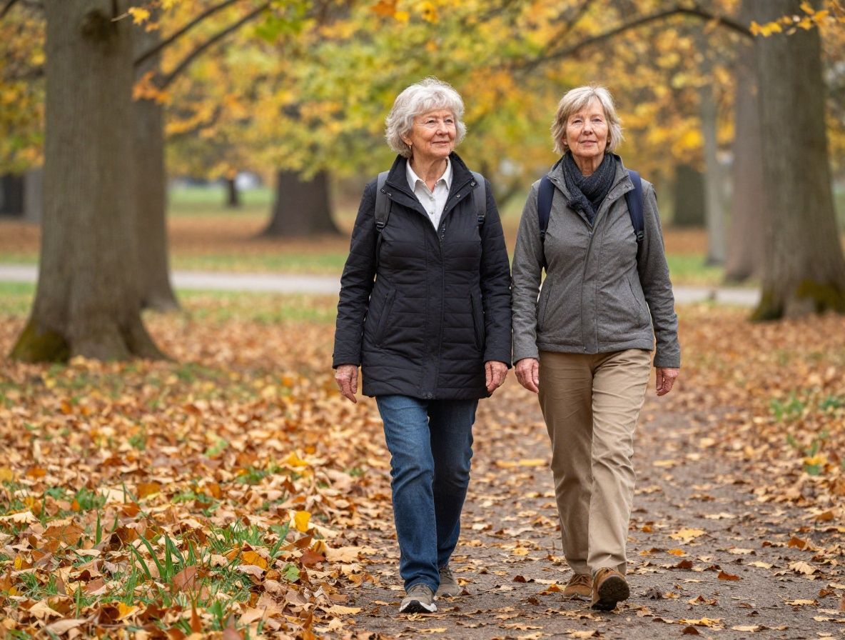 Fröhliche Frau mittleren Alters beim Spaziergang in einem herbstlichen Park mit bunten Blättern, entspanntes und aktives Erscheinungsbild