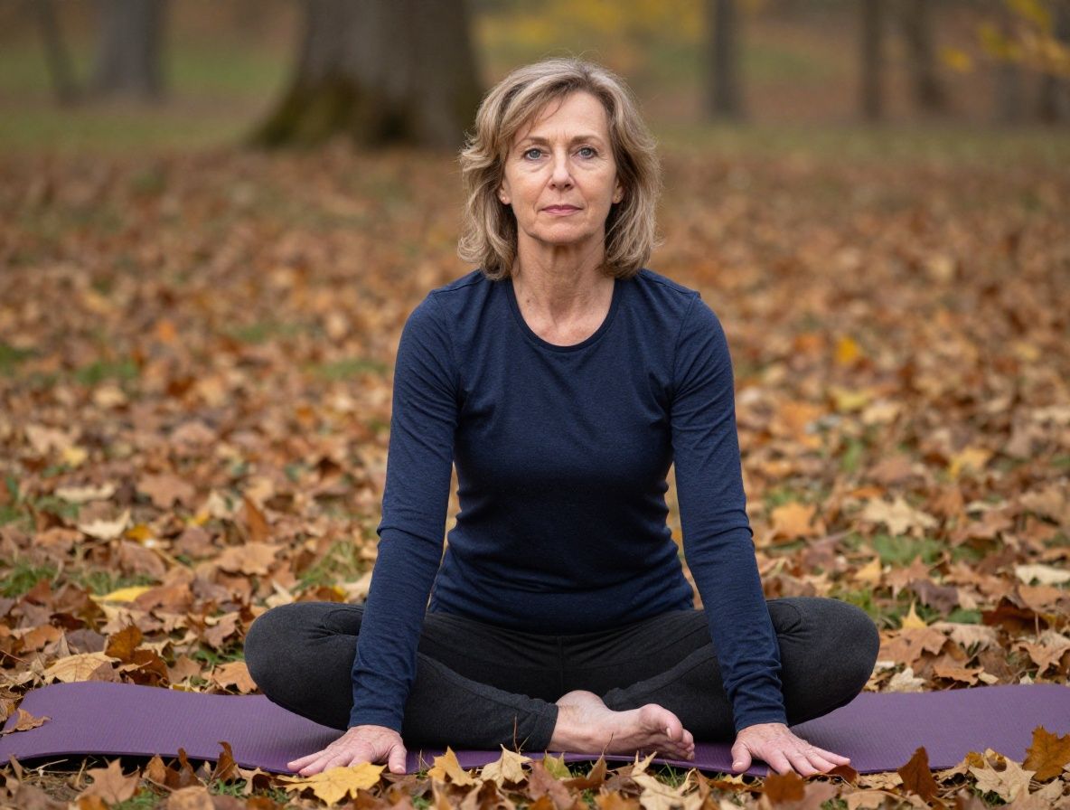 Frau über 50 beim ruhigen Yoga auf einer Matte im Freien, umgeben von herbstlichem Laub, konzentrierter ruhiger Ausdruck