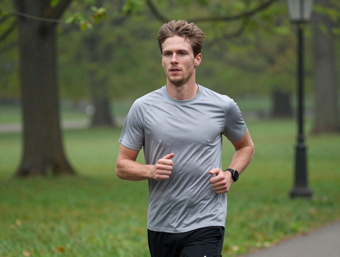 Junger sportlicher Mann beim Laufen in einem Stadtpark am frühen Morgen, leichter Nebel, frisches grünes Umfeld